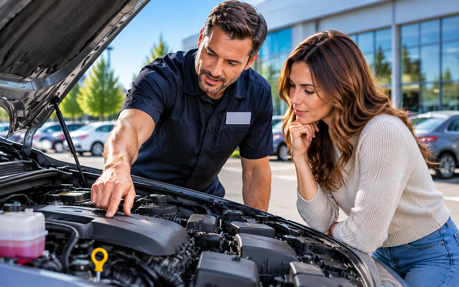 Service technician showing a customer the engine bay